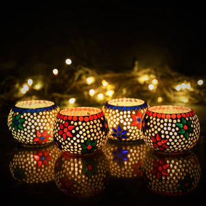 Plutus imports - Set of 4 Mosaic Glass Votive Candle Holders | Handmade colored glass candle holder | Set of 4
